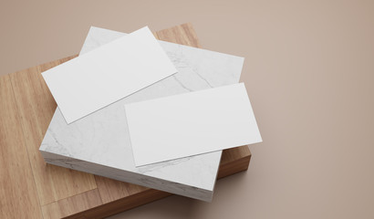 Two blank white business cards template mockup on white marble and wooden block. Neutral color background. 3d rendering
