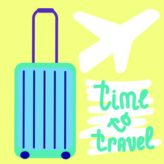 Time to travel with suitcase and silhouette of the plane vector illustration.