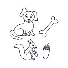 dog and bone, squirrel and acorn.. eps 10 vector stock illustration.