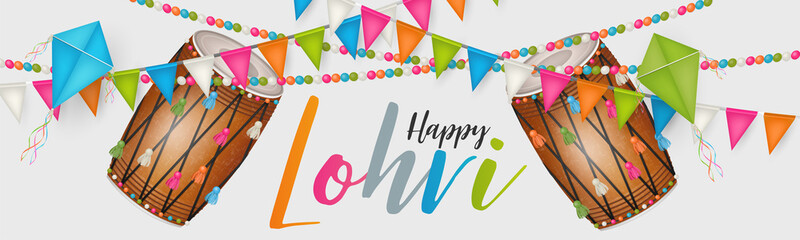 Lohri holiday background, Indian festival. Website header or banner. Realistic vector illustration. - obrazy, fototapety, plakaty