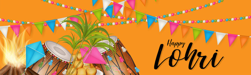 Lohri holiday background, Indian festival. Website header or banner. Realistic vector illustration.