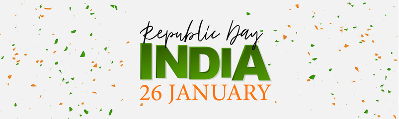 India Republic Day background. Website header or banner template. National Indian holiday design concept with orange and green confetti and golden lettering. Vector illustration.