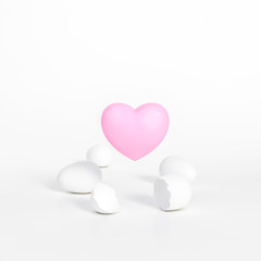 Pink sweet Heart hatched from eggs on white background 3D Rendering. 3d illustration first love and Valentines Day greeting card template minimal concept.