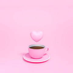 Little sweet Heart floating on the pink coffee cup with pastel pink background 3d rendering. 3d illustration morning of Love and Valentines Day greeting card template minimal concept.