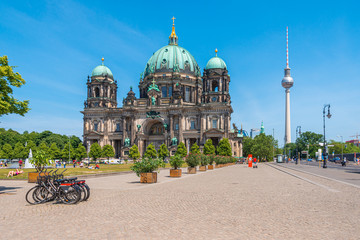 Berlin Cathedral and Berliner Fernsehturm (Berlin TV Tower) - obrazy, fototapety, plakaty