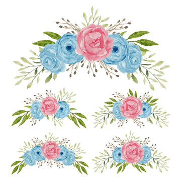Watercolor rose flower bouquet collection in blue and pink color