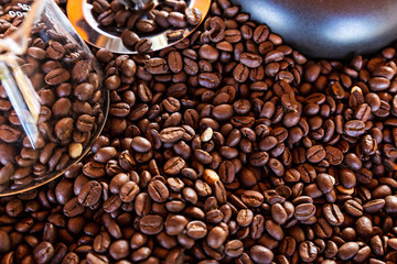 Close-up of brown coffee. coffee bean background. space fill with coffee bean.