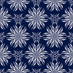 Floral seamless pattern. White design on dark blue background