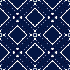 Geometric square print. White pattern on dark blue seamless background