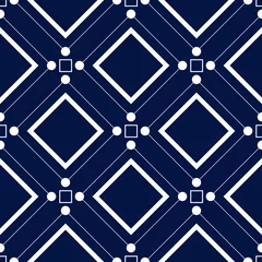 Gordijnen Geometrische vierkante print. Wit patroon op donkerblauwe naadloze achtergrond © Liudmyla