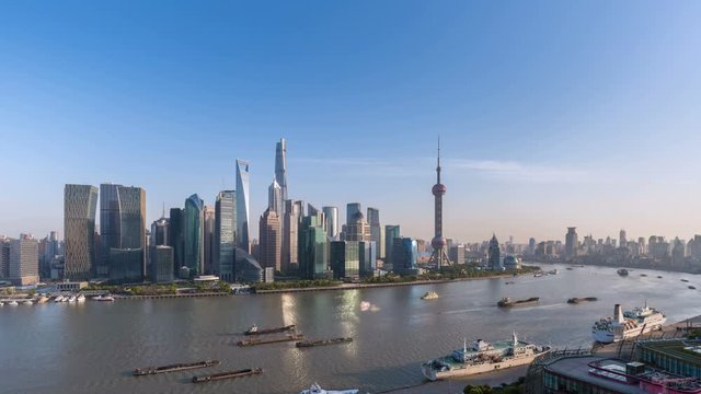 time lapse of shanghai skyline at dusk, beautiful cityscape of pudong financial center ,view from north bund, China