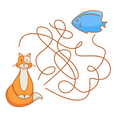Maze game, education game for children.Help the cat to find the fish.Flat illustration vector. Children's game.