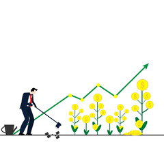 Investing vector illustration. Growing money tree. Deposit profit and wealth growing business. Teamwork persons cultivate money to fund future business. Investment and finance growth business