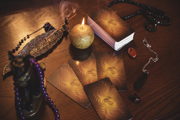 Mystical atmosphere, view of tarot card on the table, esoteric concept, fortune telling and predictions 