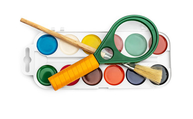 Watercolor paints looking through Magnifying glass on white. Choice colour.