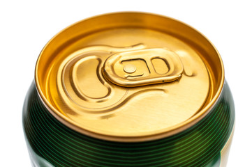 Closed beer can on white. Close up.