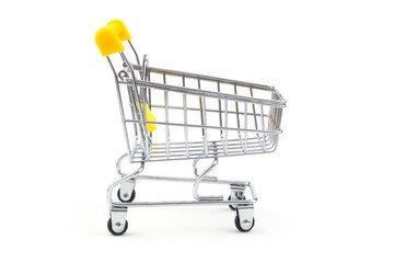 Yellow shopping cart isolated on white background. Shop, buy and sale concept.	