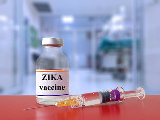 Zika vaccine and syringe injection with blurred hospital background for prevention and immunization from Zika fever disease or Zika virus infection. Tropical infectious disease and vaccination concept