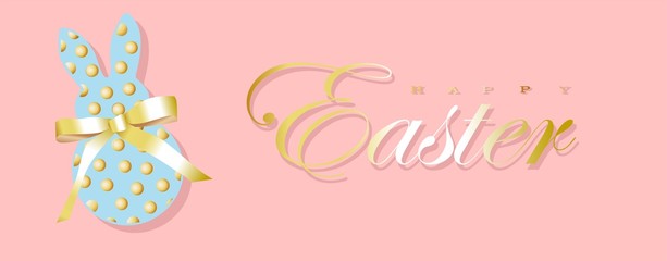 Easter banner. Easter background design of sparkling garland lights, with a realistic bunny or rabbit figurine sparkling with golden confetti. Horizontal easter poster, postcard, header, website. Top 