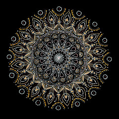 Hand drawn graphic mandala on a black background