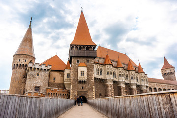 Fototapeta na wymiar Corvin Castle . Also known as Hunyadi Castle or Hunedoara Castle is a Gothic-Renaissance castle . One of the most beautiful and classical castle in the country , Hunedoara , Romania