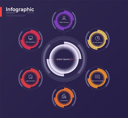 Stylish colorful vector infographic circle chart template on a deep blue background. Six options