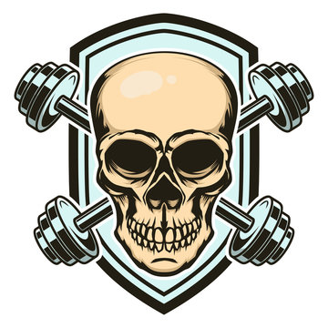 Sport emblem with skull and crossed barbells. Design element for logo, label, sign.