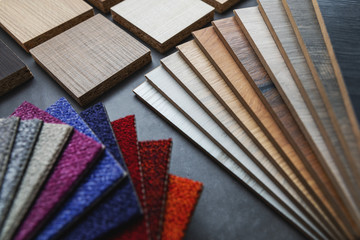 flooring and furniture material samples for interior design project