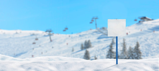 Blank ski signost on ski resort mockup. Ski lifts and slopes in background