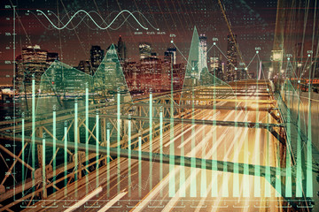 Forex chart on cityscape with tall buildings background multi exposure. Financial research concept.