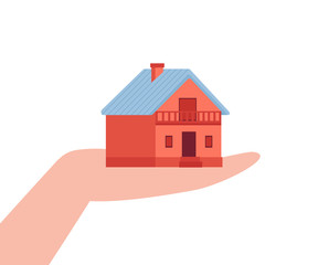 House in hand on palm, house demonstration for real estate business design. Vector illustration on white background.