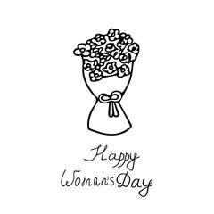 a bouquet of flowers in a wrapper with a bow in and lettering of a happy women's day