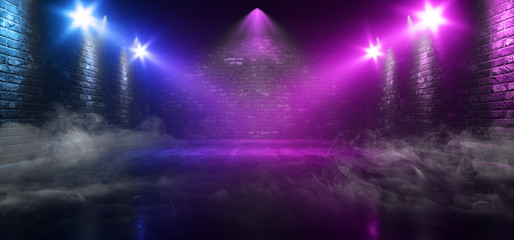 Smoke Fog Glowing Laser Neon Tubes Purple Blue In Studio Club Bricks Night Bar Dance Stage Podium Sci Fi Retro Futuristic Cyber Concrete Floor Spot Light 3D Rendering