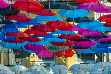 Colorful umbrellas hung for shade
