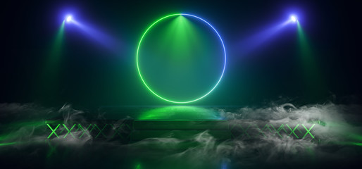 Smoke Fog Sci Fi Neon Green Circle Retro Glowing Lasers Spot Lights Empty Stage Podium Construction Showcase Night Club Garage Underground Cyber Background 3D Rendering