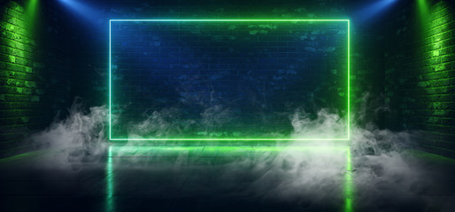 Smoke Fog Sci Fi Neon Green Blue Rectangle Retro Glowing Lasers Spot Lights Empty Stage Podium Brick Room Showcase Night Club Garage Underground Cyber Background 3D Rendering