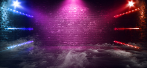 Smoke Fog Glowing Laser Neon Tubes Purple Red Blue In Studio Club Night Bar Dance Stage Podium Sci Fi Retro Futuristic Cyber Concrete Floor Spot Light 3D Rendering