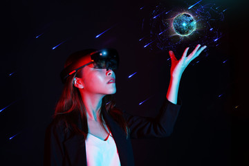 Empowered women in innovate modern technology - Young business girl trying mixed reality with hololens 1 - Virtual and Augmented reality concept
