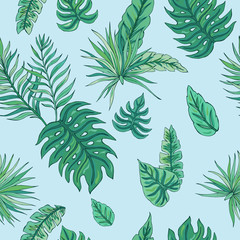 Tropic summer painting seamless pattern with tropical leaves. Tropical botanical Motives. Vector illustration. Summer decoration print for wrapping, wallpaper, fabric. 