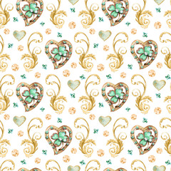 Watercolor seamless pattern with lucky clover.  Watercolor Vintage Jewelry Hearts Clipart. Valentines Day. Wedding templates. Hand Painted. Antique clipart. Scrapbooking