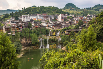 Fototapeta na wymiar Furong Ancient Town, Hibiscus Town with the great waterfall in Xiangxi Hunan, China