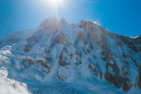Gangotri National Sanctuary, Uttarakhand, India, Mount Meru seen from a highcamp at Mount Shivling during a sunny day