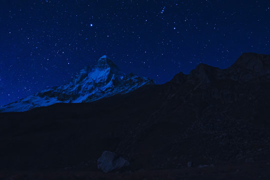 Gangotri National Sanctuary, Uttarakhand, India, Mount Shivling seen from Tapovan at night with stars