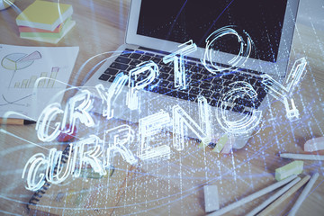 Double exposure of blockchain theme hologram and table with computer background. Concept of bitcoin crypto currency.