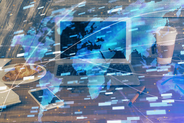 Double exposure of computer and technology theme drawing. Concept of innovation.
