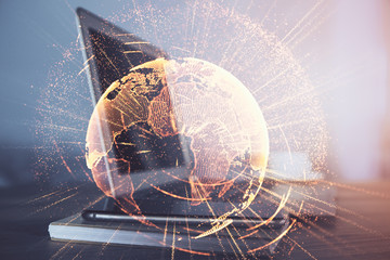 Computer on desktop with social network theme icon. Multi exposure. Concept of international...