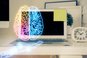 Double exposure of work table with computer and brain sketch hologram. Brainstorming concept.