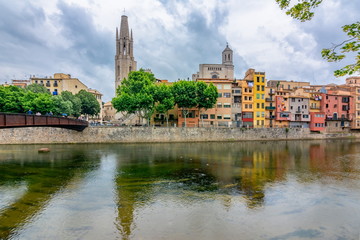 Girona Cathedral and houses along Onyar river, Spain