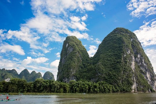  The landscape at the Li River near Yangshou near the city of Guilin in the Province of Guangxi in china in east asia.
