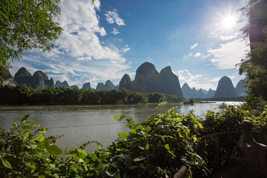  The landscape at the Li River near Yangshou near the city of Guilin in the Province of Guangxi in china in east asia.